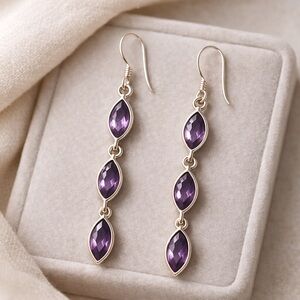 Everyday Amethyst Drop Triple Marquise Earrings — Polished 925 Silver NEW #403